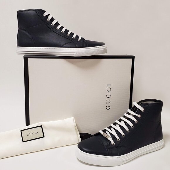 GUCCI MENS SNEAKERS HI TOP BLUE MICRO SOFT LEATHER w LOGO 7.5G US 8 - Picture 2 of 10